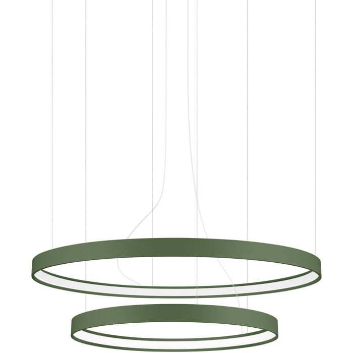 Olijfgroene cirkelvormige hanglamp Rio met twee ringen met een diameter van 55 en 78 cm met elk een LED ring aan de binnenzijde