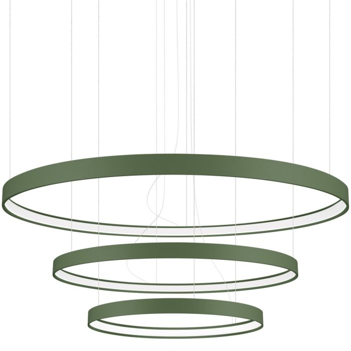 Olijfgroene cirkelvormige hanglamp Rio met drie ringen met een diameter van 55, 78 en 110 cm met elk een LED ring aan de binnenzijde