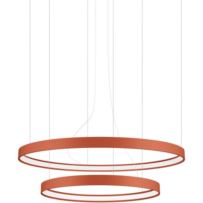 Okerrode ringvormige hanglamp Rio met twee ringen met een diameter van 55 en 78 cm met een LED ring aan de binnenzijde