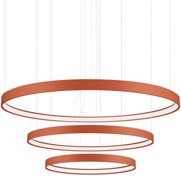 Okerrode ringvormige hanglamp Rio met drie ringen met een diameter van 55, 78 en 110 cm met een LED ring aan de binnenzijde
