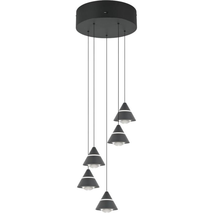 Trio Romeo 337030532 zwarte ronde hanglamp met vijf kegelvormige kappen met LED rand in de kegel en liftfunctie in de plafondbalk. Met schakelaar voor het instellen van de lichtkleur.
