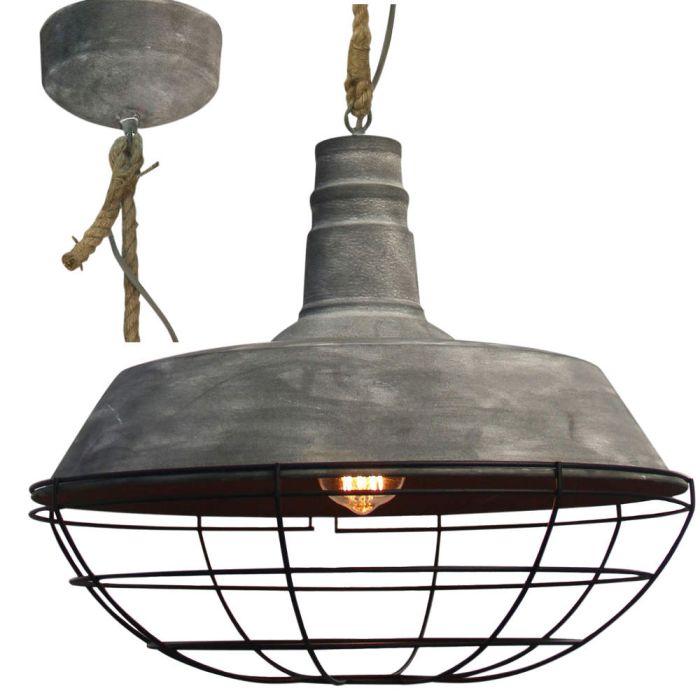 Brilliant Rope 93614/70 betongrijze hanglamp met rooster onder de kap hangend aan een koord van scheepstouw