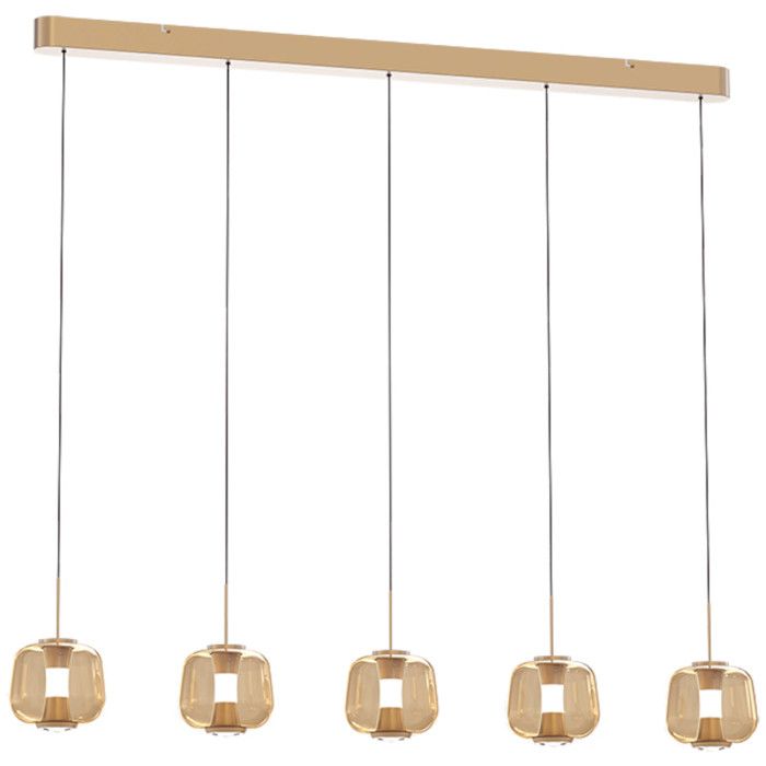 Freelight Rosa rose gouden hanglamp van 120 cm lang met een rose gouden plafondbalk en vijf pendels met elk een amber glazen kap van 15,5 cm in diameter met geïntegreerde LED