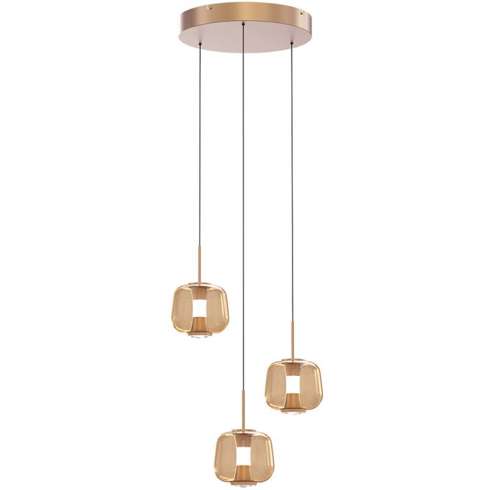 Freelight Rosa rose gouden hanglamp van 35 cm in diameter met een rose gouden plafondplaat en drie pendels met elk een amber glazen kap van 15,5 cm in diameter met geïntegreerde LED