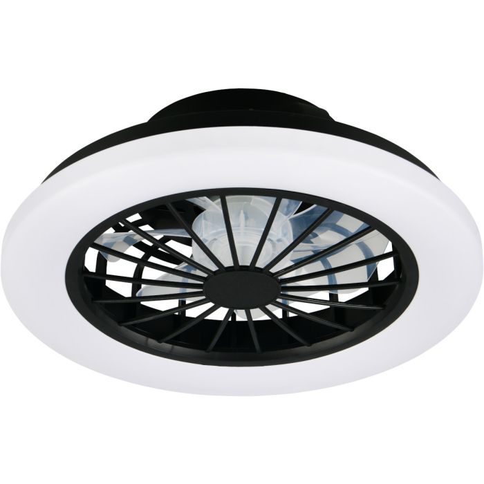 Reality Rotsund zwarte plafondventilator met LED in een rand van 38,5 cm rond een transparant kunststof zeven armige ventilator met zwart rooster ervoor