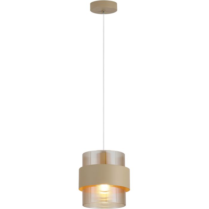 Searchlight Royal hanglamp met zandkleurige plafondplaat en zandkleurige metalen band om een cilindervormig amberkleurig ribbelglazen kap