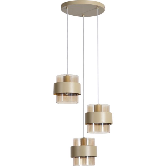 Searchlight Royal hanglamp van 42cm in diameter met zandkleurige ronde plafondplaat en drie pendels zandkleurige metalen band om een cilindervormig amberkleurig ribbelglazen kap