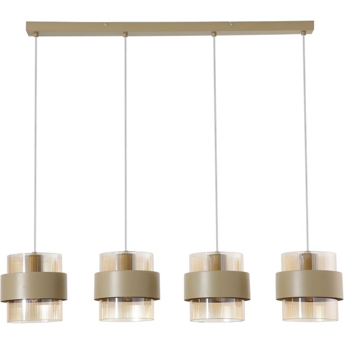 Searchlight Royal hanglamp van 93cm lang met zandkleurige plafondbalk en vier pendels zandkleurige metalen band om een cilindervormig amberkleurig ribbelglazen kap