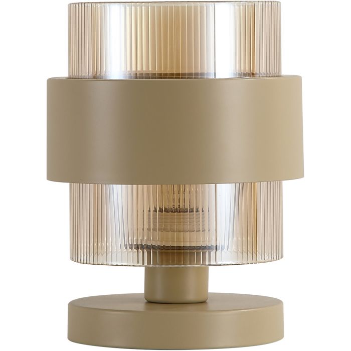 Searchlight Royal tafellamp met zandkleurige voet en zandkleurige metalen band om een cilindervormig amberkleurig ribbelglas