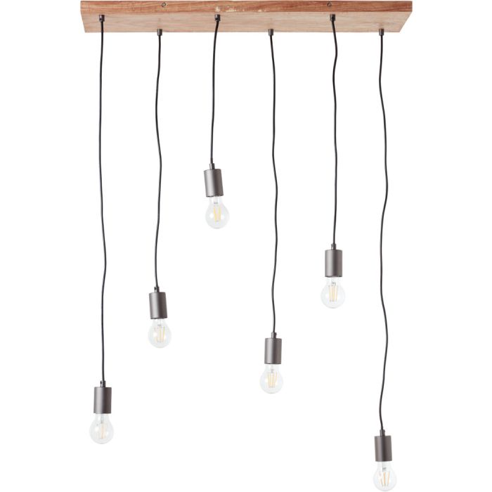 Brilliant Rustik 99542/76 hanglamp met brede houten plafondplaat en zes pendels met zwarte fittinghouders