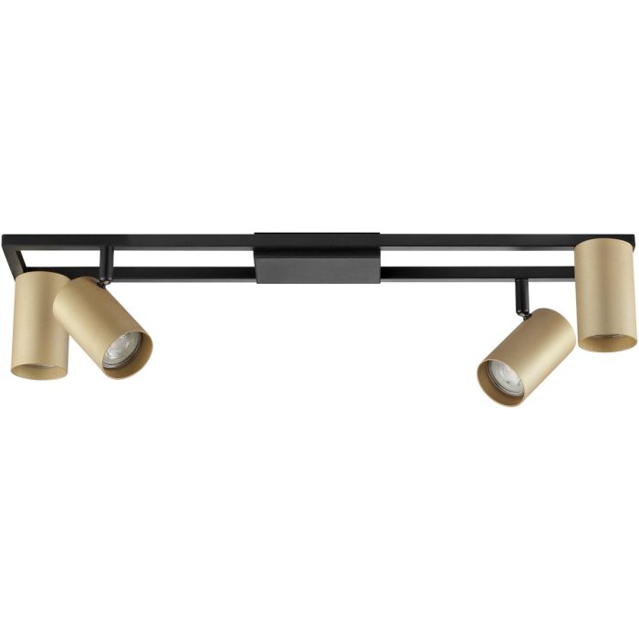 Brilliant Salor zwarte plafondspot met zwart frame van 60cm langs het plafond en twee vast en twee kantelbare goudkleurige spotjes met GU10 lampjes