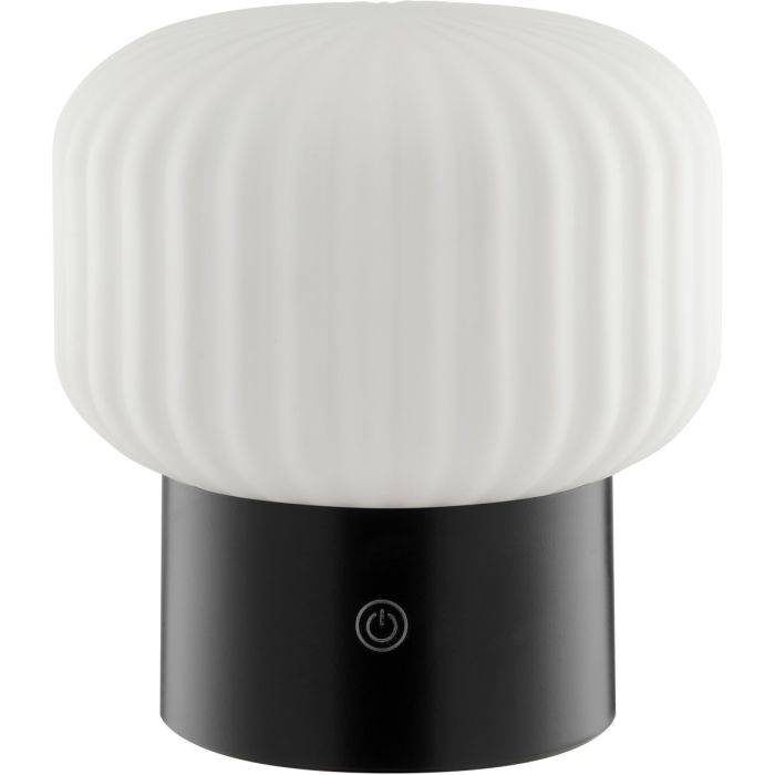 Brilliant Sarastro zwarte kunststof oplaadbare tafellamp voor buiten met wit ribbelglazen ovale kap met een hoogte van 14 cm en een diameter van 12,5 cm