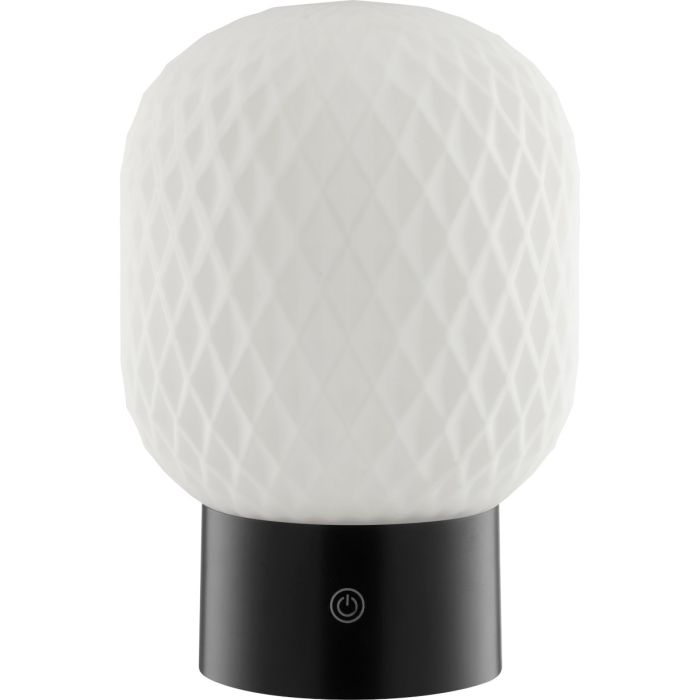 Brilliant Sarastro zwarte kunststof oplaadbare tafellamp voor buiten met wit ribbelglazen ovale kap met een hoogte van 20 cm en een diameter van 13 cm