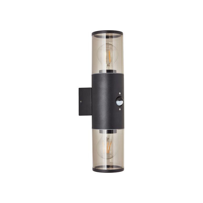 Brilliant Sergio 96474/63 mat zwarte cilindervormige wandlamp met opstaande en neerwaartse rook kleurig kunststof kap en bewegingsmelder