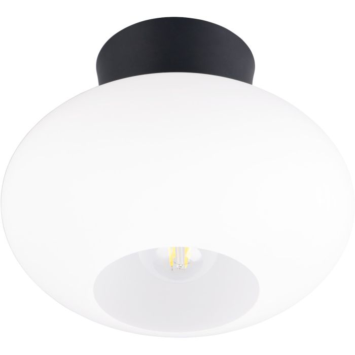 Reality Sidera zwart plafondkapje met wit glazen kap met een diameter van 25 cm met een E27 peertje erin