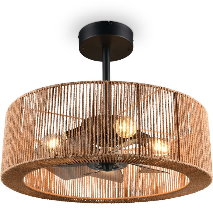 Reality Smillum plafondventilator met kap van hennep met een diameter van 60cm en vier E27 peertjes en kunststof rotorbladen van transparant zwart kunststof