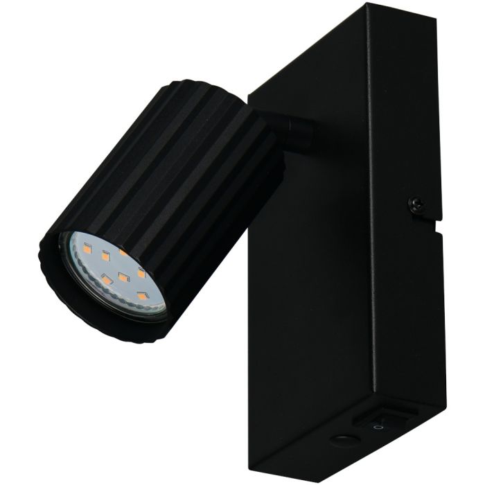Trio Soka 867770132 zwarte wandspot met geribbelde cilindervormige spot met gu10 fitting en schakelaar