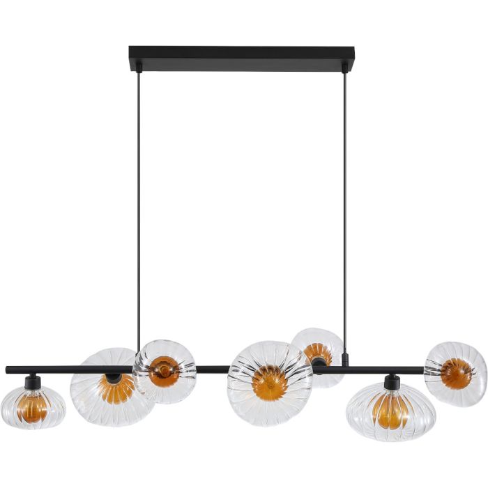 Searchlight Sunbeam 24123-7BK hanglamp met zwarte plafondbalk en zeven kapjes van helder en amber glas met bloemvormig onderaanzicht