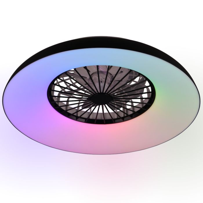 Reality Svaerholt zwarte plafondventilator met RGB LED in een rand van 60 cm rond een kunststof zeven armige ventilator met zwart rooster ervoor