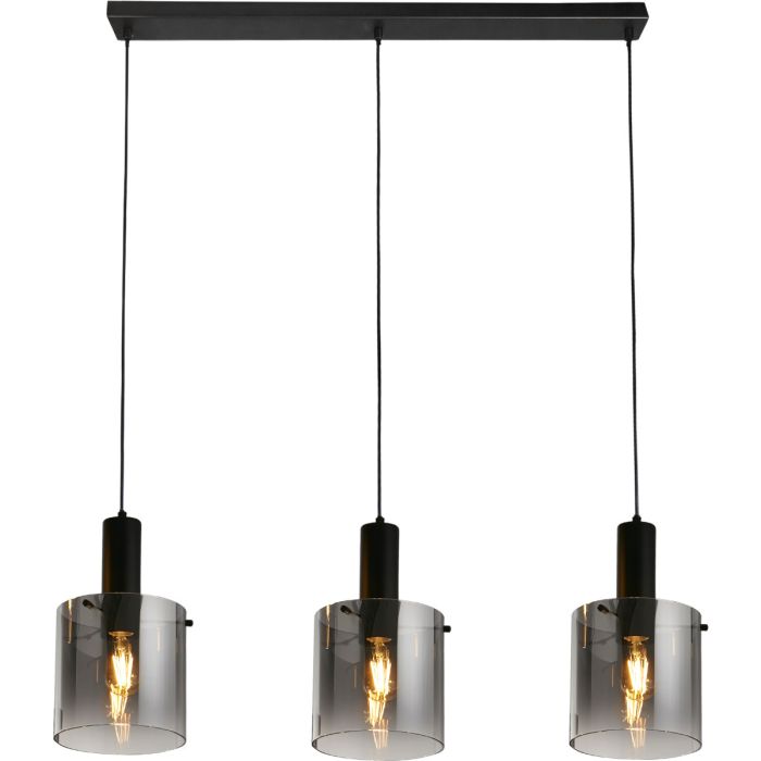 Searchlight Sweden hanglamp van 101cm lang met een zwarte plafondbalk en drie pendels met elk een cilindervormige ombre rookglazen kap