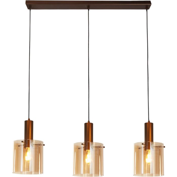 Searchlight Sweden hanglamp van 101cm lang met een koffiebruine plafondbalk en drie pendels met elk een cilindervormige amber glazen kap