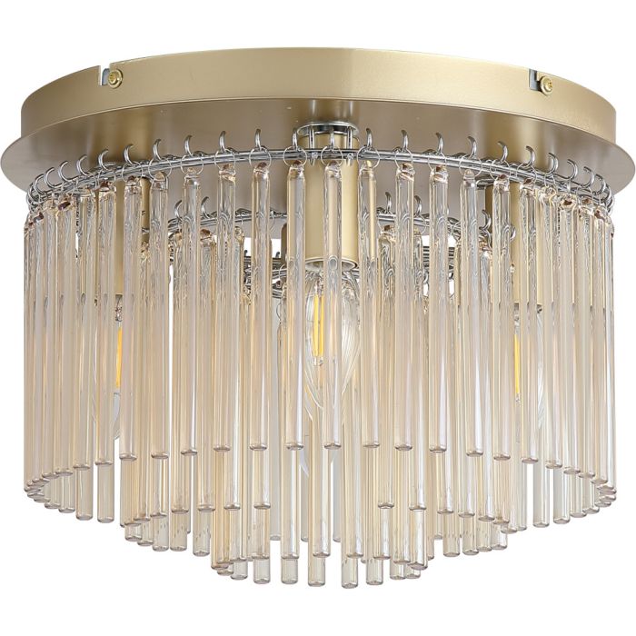 Searchlight Swizzle 55620-320CP goudkleurige plafondlamp van 32cm  in diameter en met vijf E14 fittingen en drie ringen met champagnekleurige glazen staafjes