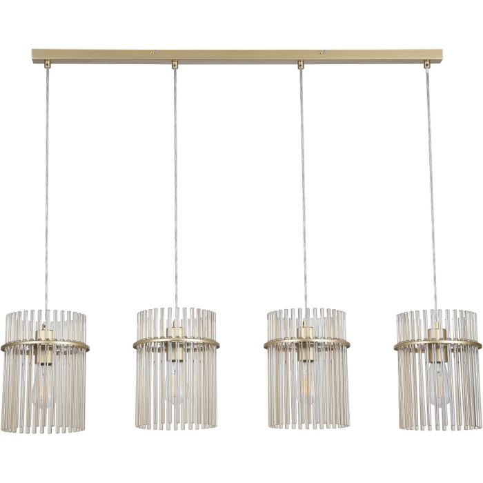 Searchlight Swizzle 55620-4CP hanglamp van 111cm in lengte met goudkleurige plafondbalk en vier pendels met ring van champagnekleurige glazen staafjes met E27 edison lamp in het midden