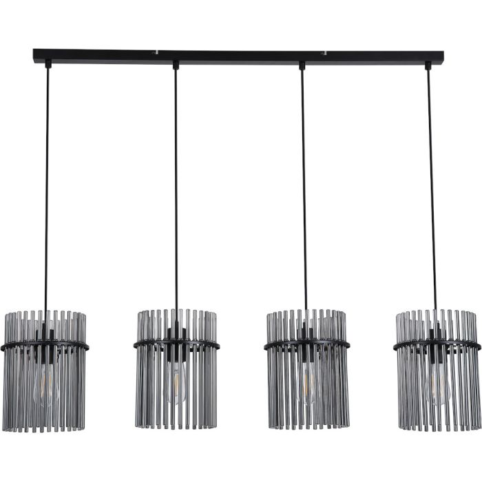 Searchlight Swizzle 55620-4SM hanglamp van 111cm in lengte met zwarte plafondbalk en vier pendels met ring van rookglazen staafjes met E27 edison lamp in het midden