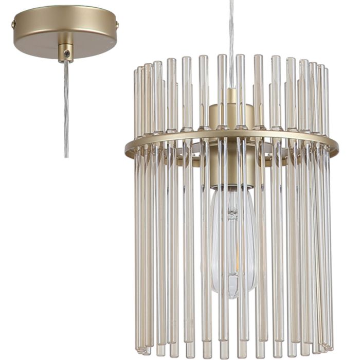 Searchlight Swizzle 55620CP hanglamp van 20cm in diameter met goudkleurige plafondplaat en pendel met ring van champagnekleurige glazen staafjes met E27 edison lamp in het midden