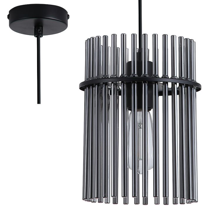 Searchlight Swizzle 55620SM hanglamp van 20cm in diameter met zwarte plafondplaat en pendel met ring van rookglazen staafjes met E27 edison lamp in het midden
