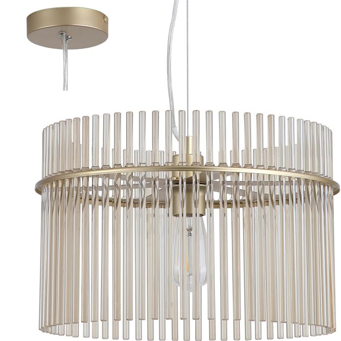 Searchlight Swizzle 55621CP hanglamp van 40cm in diameter met goudkleurige plafondplaat en pendel met ring van champagnekleurige glazen staafjes met E27 edison lamp in het midden