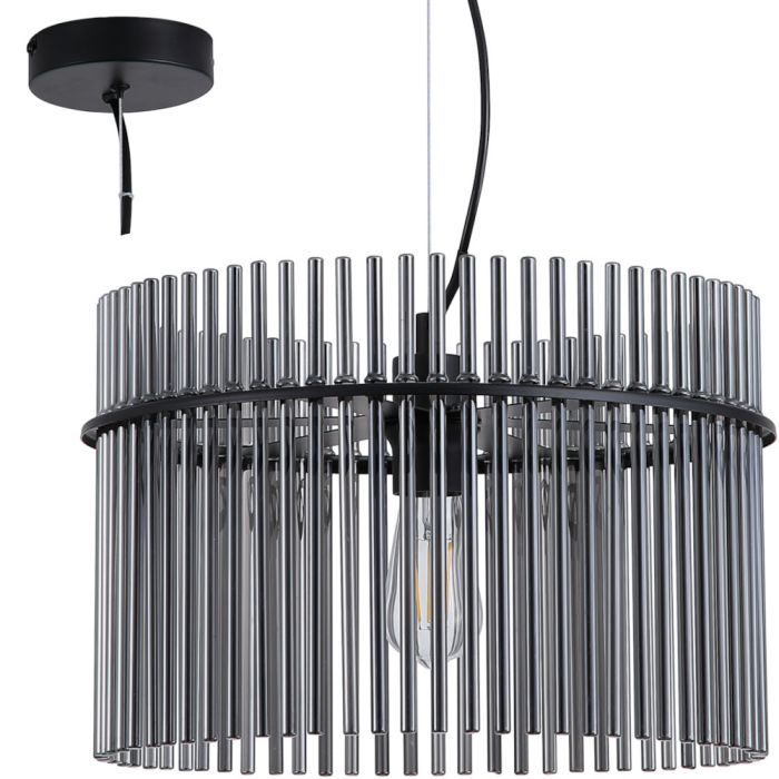 Searchlight Swizzle 55621SM hanglamp van 40cm in diameter met zwarte plafondplaat en pendel met ring van rookglazen staafjes met E27 edison lamp in het midden