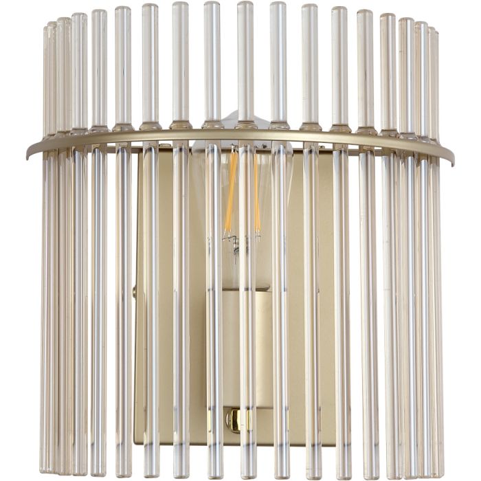 Searchlight Swizzle 55625CP wandlamp van 26cm hoog met goudkleurige wandplaat en halfronde kap van een ring met champagnekleurige glazen staafjes met E27 edison lamp in het midden