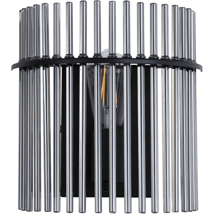 Searchlight Swizzle 55625SM wandlamp van 26cm hoog met zwarte wandplaat en halfronde kap van een ring met rookglazen staafjes met E27 edison lamp in het midden