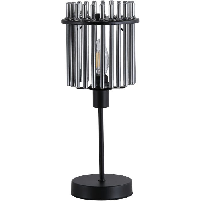 Searchlight Swizzle EU55622SM tafellamp van 37,5cm hoog met zwarte voet en kap van een ring van rookglazen staafjes met E14 kaarslamp in het midden