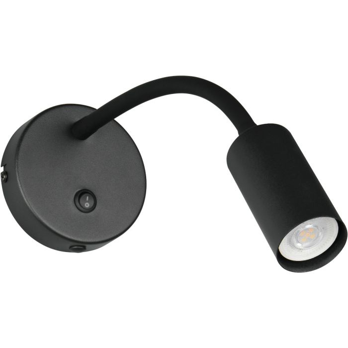 Reality Taryn zwarte wandspot met kiepschakelaar en 35,5 cm lange flexibele arm met 35mm GU10 lampje
