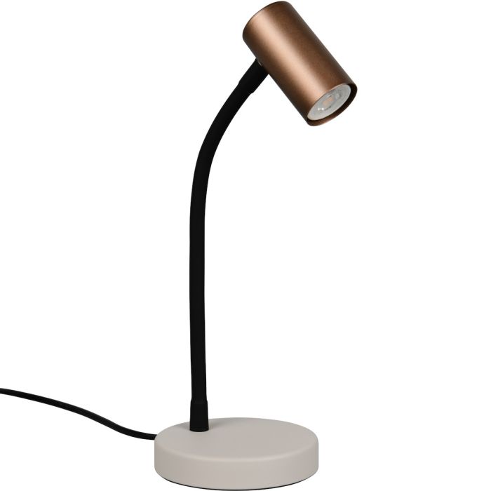 Reality Taryn warm grijs met zwarte bureaulamp van 28 tot 35,5 cm hoog met klein koffiebruin spotje met 35mm GU10 lamp