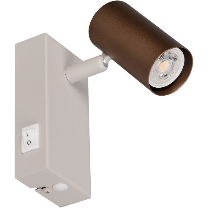 Reality Taryn compacte wandspot met schakelaar van 12cm hoog op een warm grijs wandplaatje en een koffiebruin spotje met een 35mm GU10 lamp