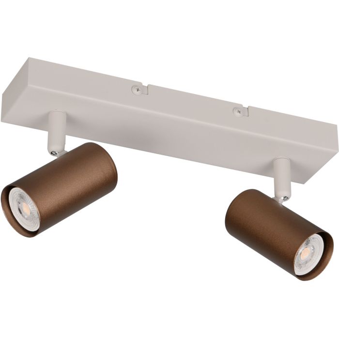 Reality Taryn compacte plafondspot met warmgrijze plafondbalk van 26cm en twee koffiebruine spotjs met 35mm GU10 lampje