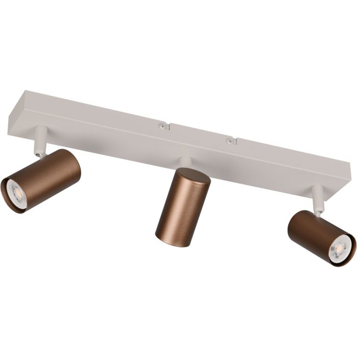 Reality Taryn compacte plafondspot met warm grijze plafondbalk van 44,5cm en drie koffiebruine spotjes met 35mm GU10 lampje