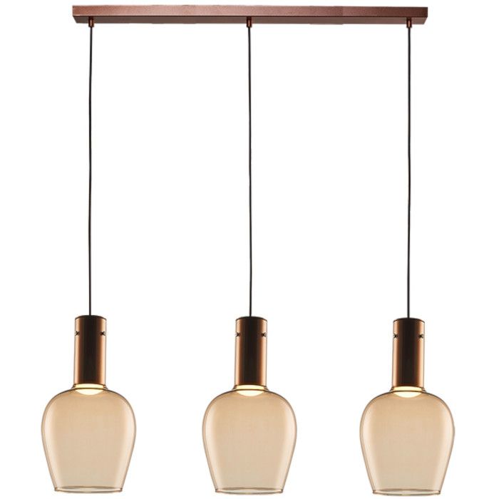 Freelight Toscana brons-goud kleurige hanglamp van 100cm lang met drie pendels met elk een cilindervormige fitting houder en bolvormig amber glazen kap van 18cm in diameter