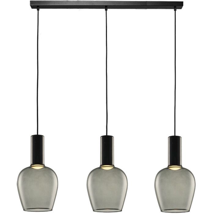 Freelight Toscana zwarte hanglamp van 100cm lang met drie pendels met elk een cilindervormige fitting houder en bolvormig rookglazen kap van 18cm in diameter