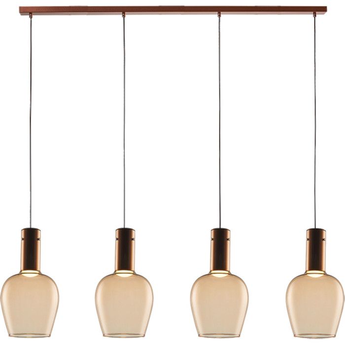 Freelight Toscana brons-goud kleurige hanglamp van 120cm lang met vier pendels met elk een cilindervormige fitting houder en bolvormig amber glazen kap van 18cm in diameter