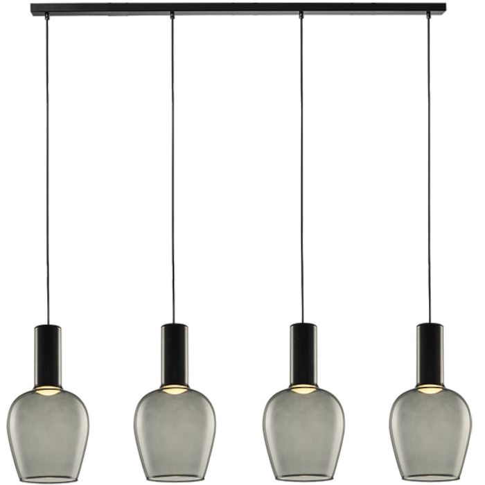 Freelight Toscana zwarte hanglamp van 120cm lang met vier pendels met elk een cilindervormige fitting houder en bolvormig rookglazen kap van 18cm in diameter