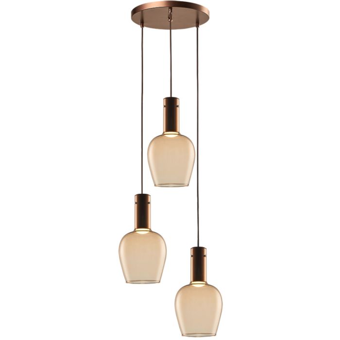 Freelight Toscana brons-goud kleurige hanglamp van 35cm in diameter met drie pendels met elk een cilindervormige fitting houder en bolvormig amber glazen kap van 18cm in diameter