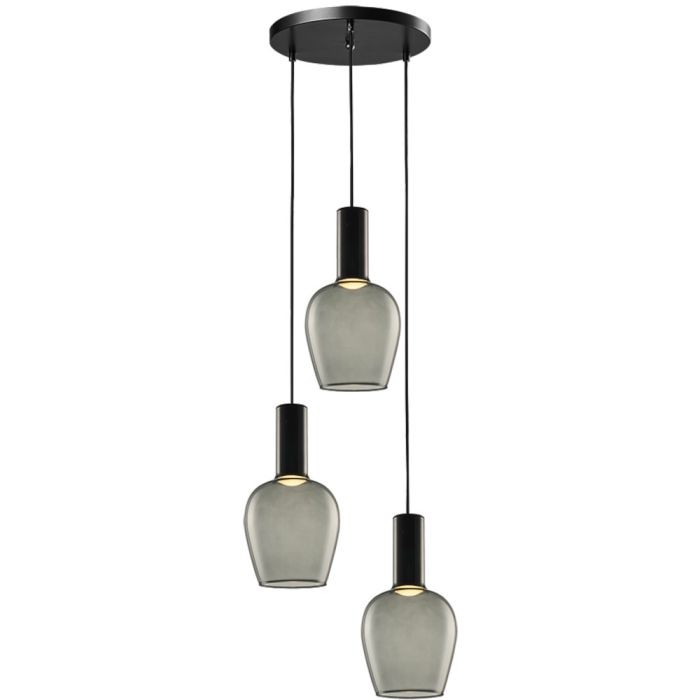 Freelight Toscana zwarte hanglamp van 35cm in diameter met drie pendels met elk een cilindervormige fitting houder en bolvormig rookglazen kap van 18cm in diameter
