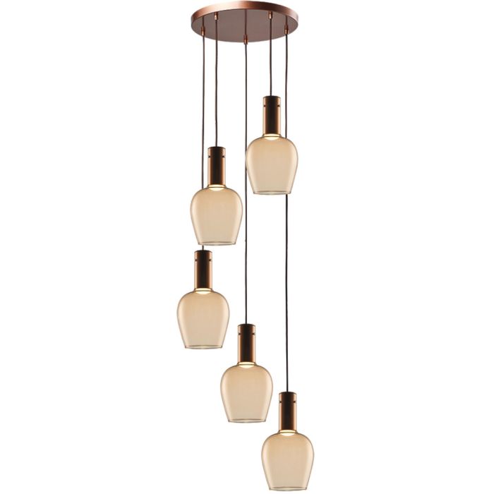 Freelight Toscana brons-goud kleurige hanglamp van 40cm in diameter met vijf pendels van 320cm hoog met elk een cilindervormige fitting houder en bolvormig amber glazen kap van 18cm in diameter