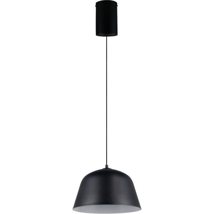 Reality Tova zwart metalen hanglamp met kap van 30 cm in diameter met een witte binnenzijde en een katrolsysteem in de plafondkap voor de hoogte