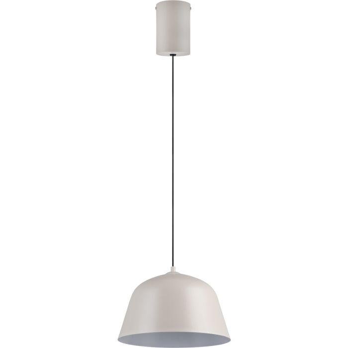Reality Tova warm grijs metalen hanglamp met kap van 30 cm in diameter met een witte binnenzijde en een katrolsysteem in de plafondkap voor de hoogte