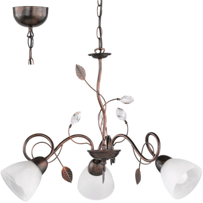 Trio Traditio 110700328 roestkleurige kroonluchter met kristallen en drie armen met kapjes van albast glas